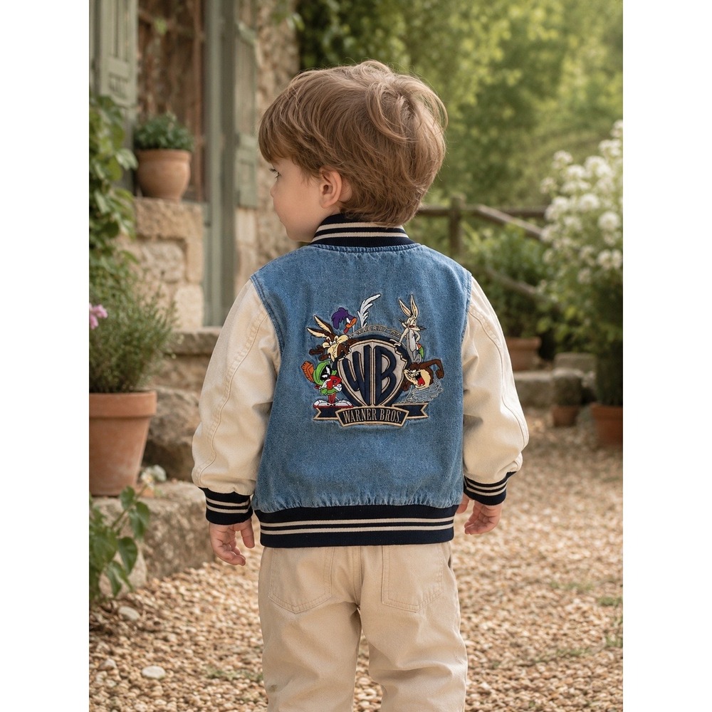 Warner Bros Studio Store Looney Tunes Denim Varsity Jacket Blue Tan 18-24M